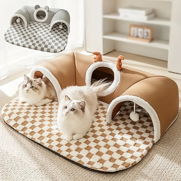 Cave Cat Bed for Indoor Cats Enclosed Cat Cave Bed Cat Tunnels for Indoor Cats Washable Covered Cat Bed Cat Entertainment for Indoor Cats Grey Checkered Cat Furniture, 1 Pack