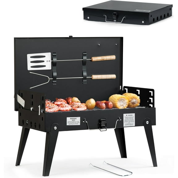 Portable Charcoal Grill, Foldable BBQ Grill Kit for Camping & Picnics - Mini Outdoor Grill 17.1”x10.8”x2.5” with Tool Set