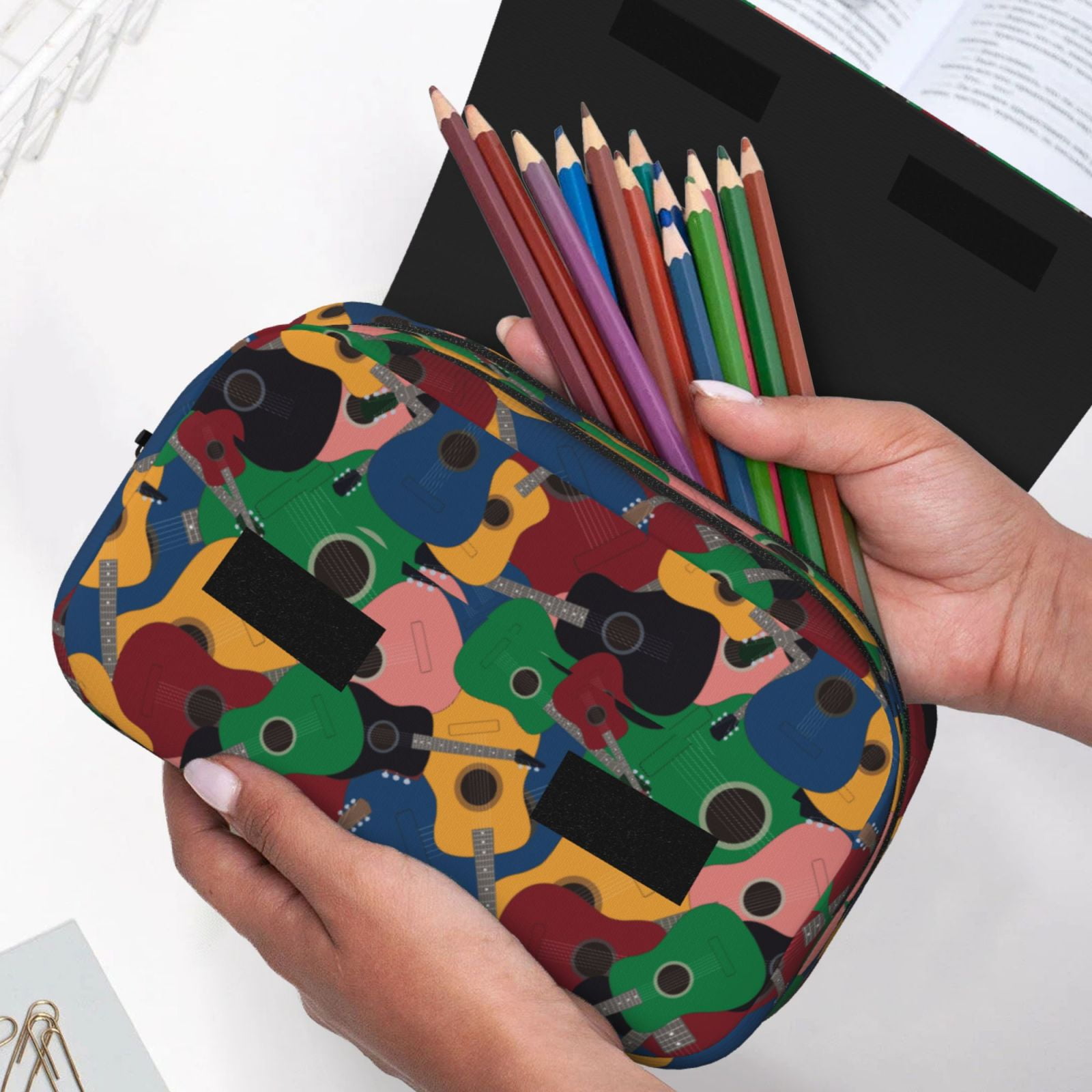 Rateoe Colored Guitars Pattern Double Clamshell Pen Case, Storage Organizer with Two Zipper Compartments– Holds Up to 50 Pencils & Pens