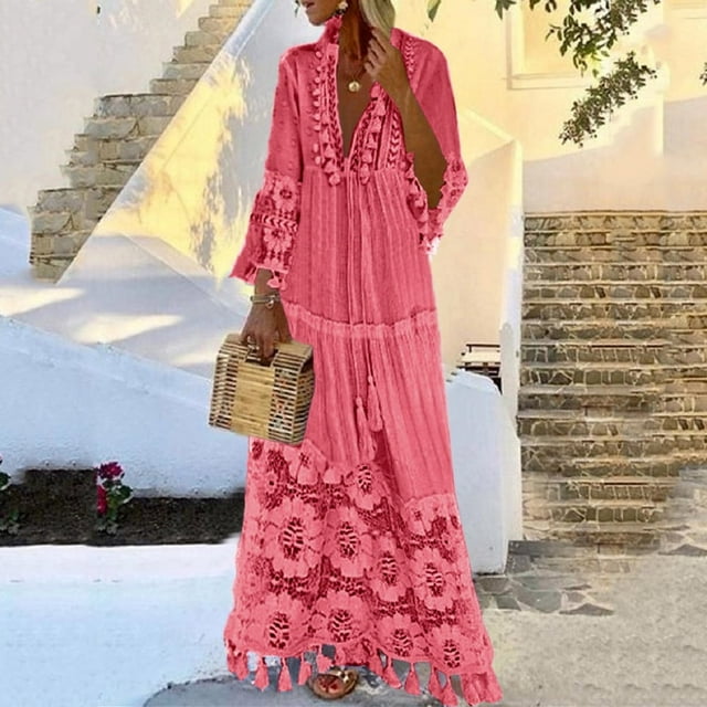 CNKOO Robe en Denim pour Femmes Boho Grande Taille Col en V Couleur Unie Dentelle à Franges Longue Robe de Mariage