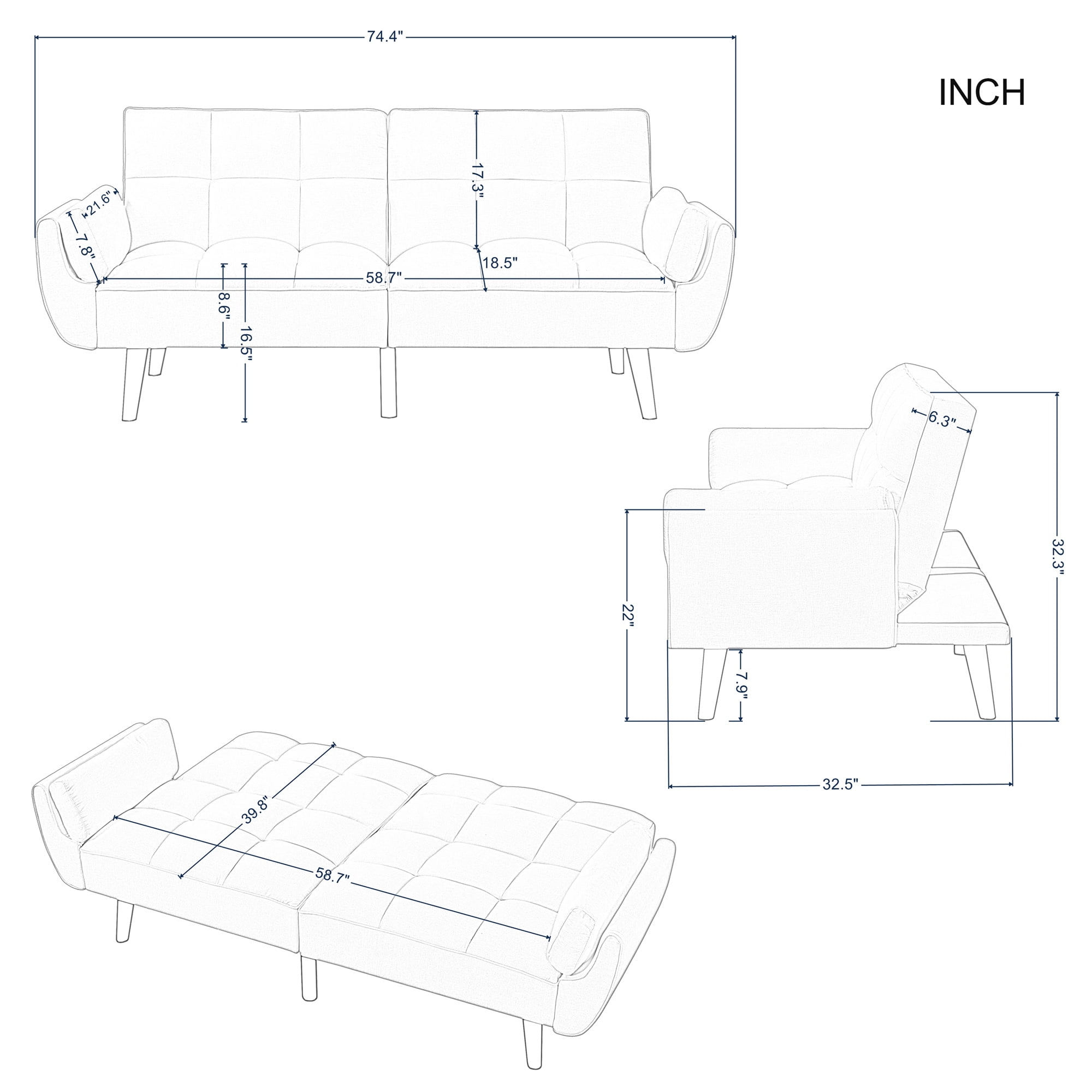 Aukfa 75" Convertible Futon Sofa Bed, Upholstered Loveseat Couch for Home Office, Dark Gray