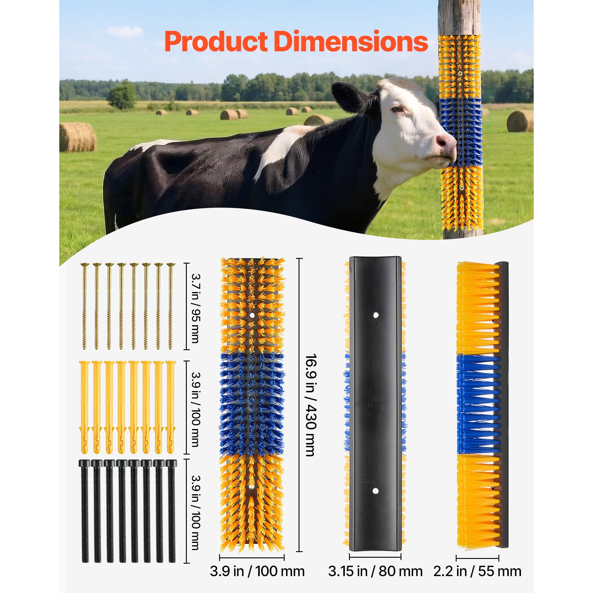 KFFKFF Livestock Scratching Brush, 4PCS Animal Scratcher Brush with 16 Screws, 16.9"x3.9" Grooming and Itch Relief Tool for Cattle, Horses, Goats, Sheep, and Pigs, Yellow & Blue