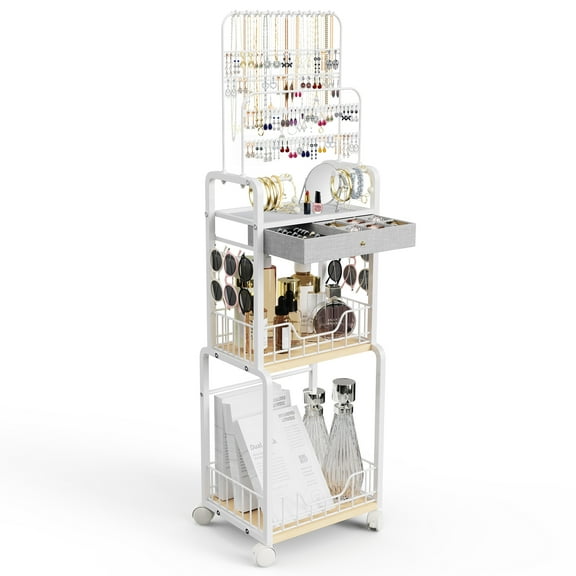 Rolling Makeup Organizer Cart with Drawer, Floor Makeup Organizer Storage, Large Jewelry Organizer Stand for Necklace Bracelet Ring Display