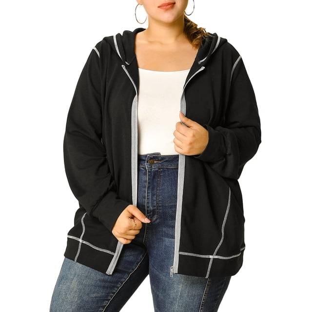 Unique Bargains Women's Plus Size Zip Front Long Sleeve Pocket Hoodies