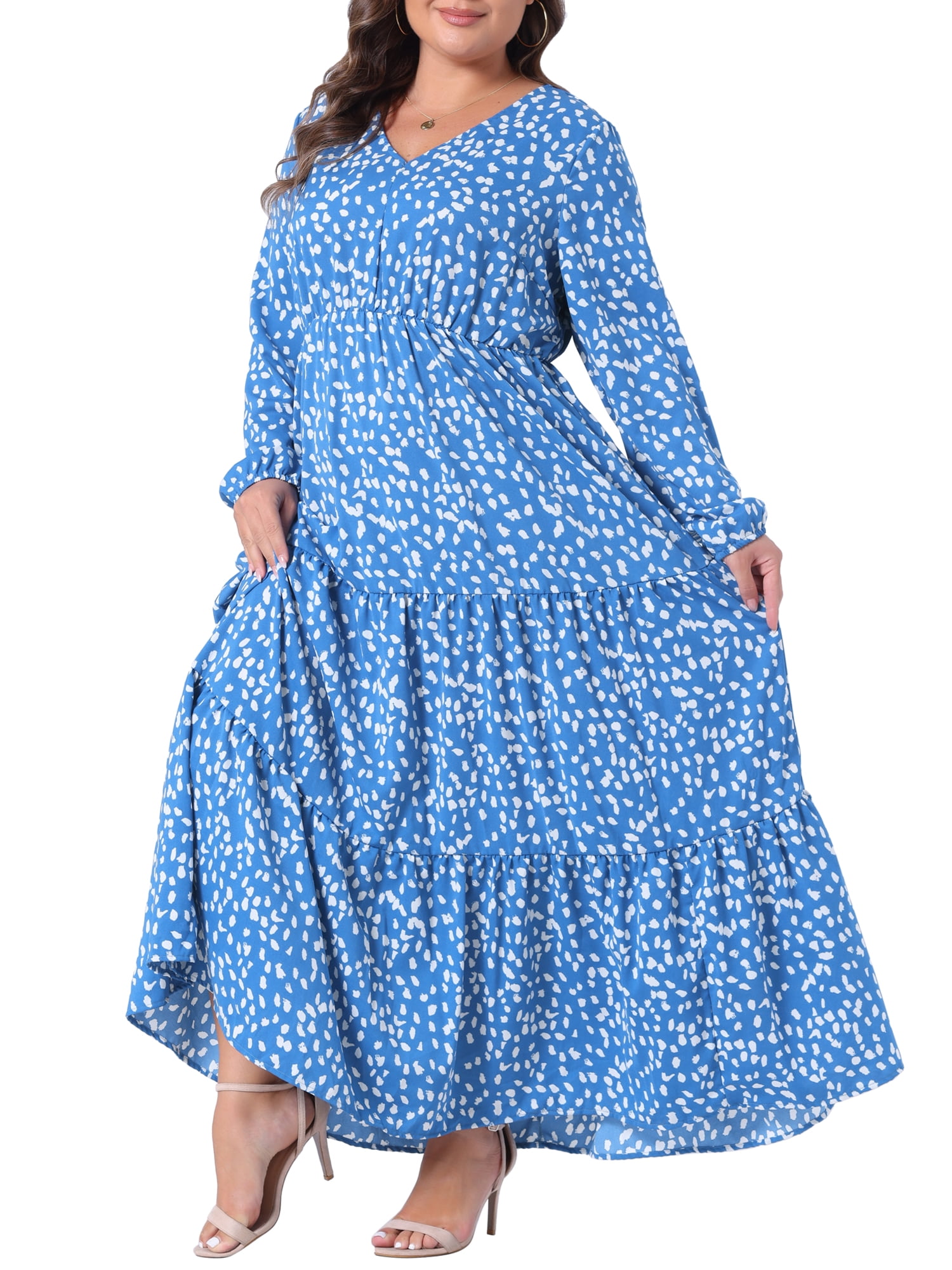 DARING DIVA Plus Size Polka Dots Long Maxi Lantern Sleeve Dress 1X Blue