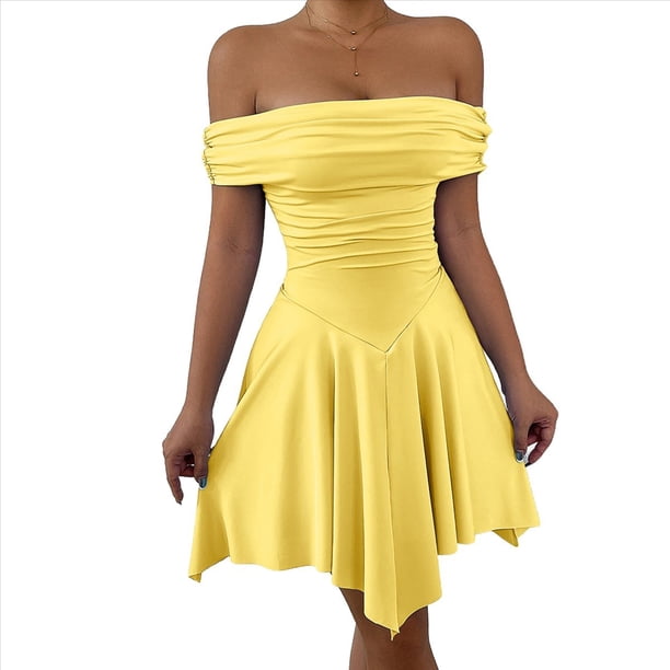 Vestido Corto de Cóctel con Hombros Descubiertos, Dobladillo Fruncido y Corsé Fruncido para Mujer Amarillo S