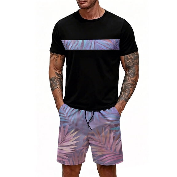 GrmtClth Hawaii 2 Piece Outfits for Men Summer Crew Neck T-Shirt and Shorts Set Lightweight Short Sleeve Outfit Comfy Elastic Drawstring Clothing Pink L