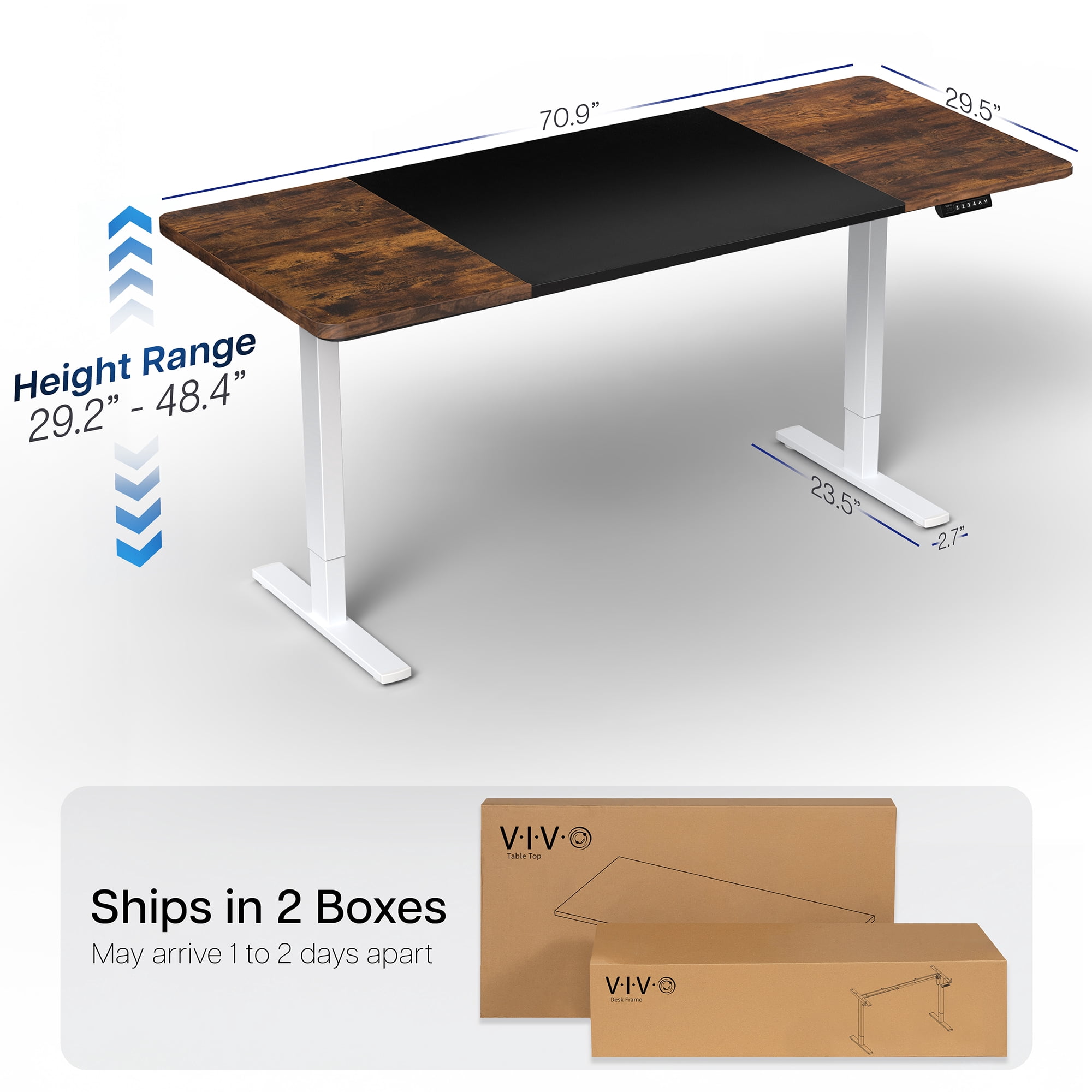 VIVO Electric 71” x 30” Desk, Black/Rustic Vintage Brown Table Top, White Frame