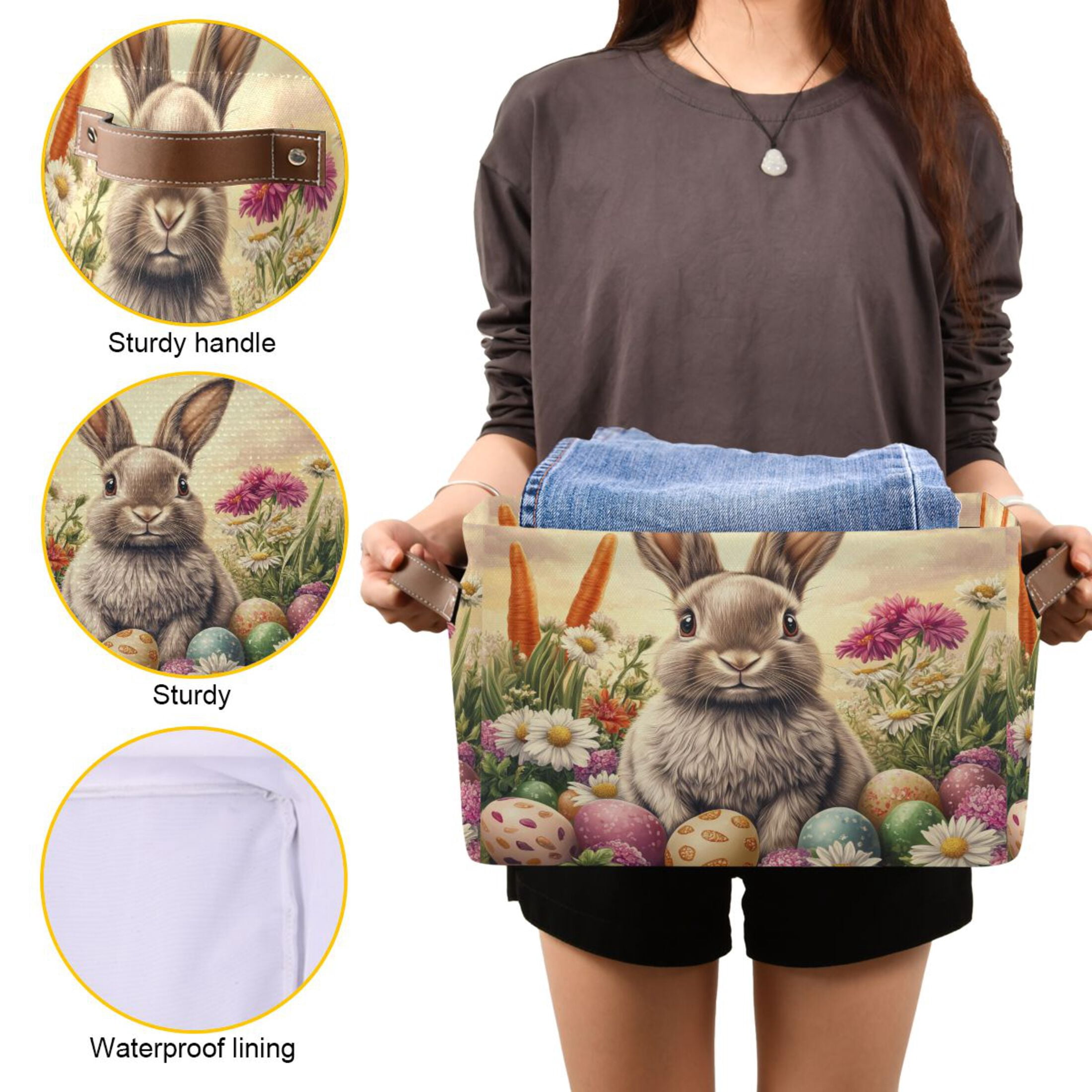 WOBOGO Lovely Easter Bunny Square Storage Basket with Waterproof Canvas and PE Lining Durable PU Leather Handles 14.2×10.2×8.3in