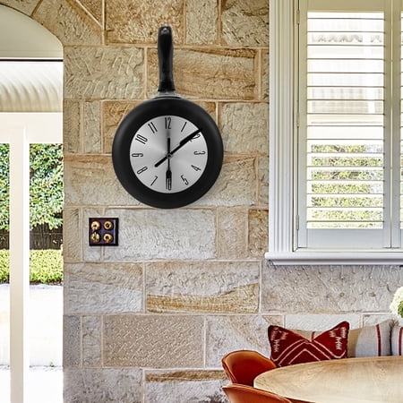 Mobutofu Black Metal Hanging Wall Clock, Round Frying Pan Design, Silent Mute Movement for Home and Office Decor