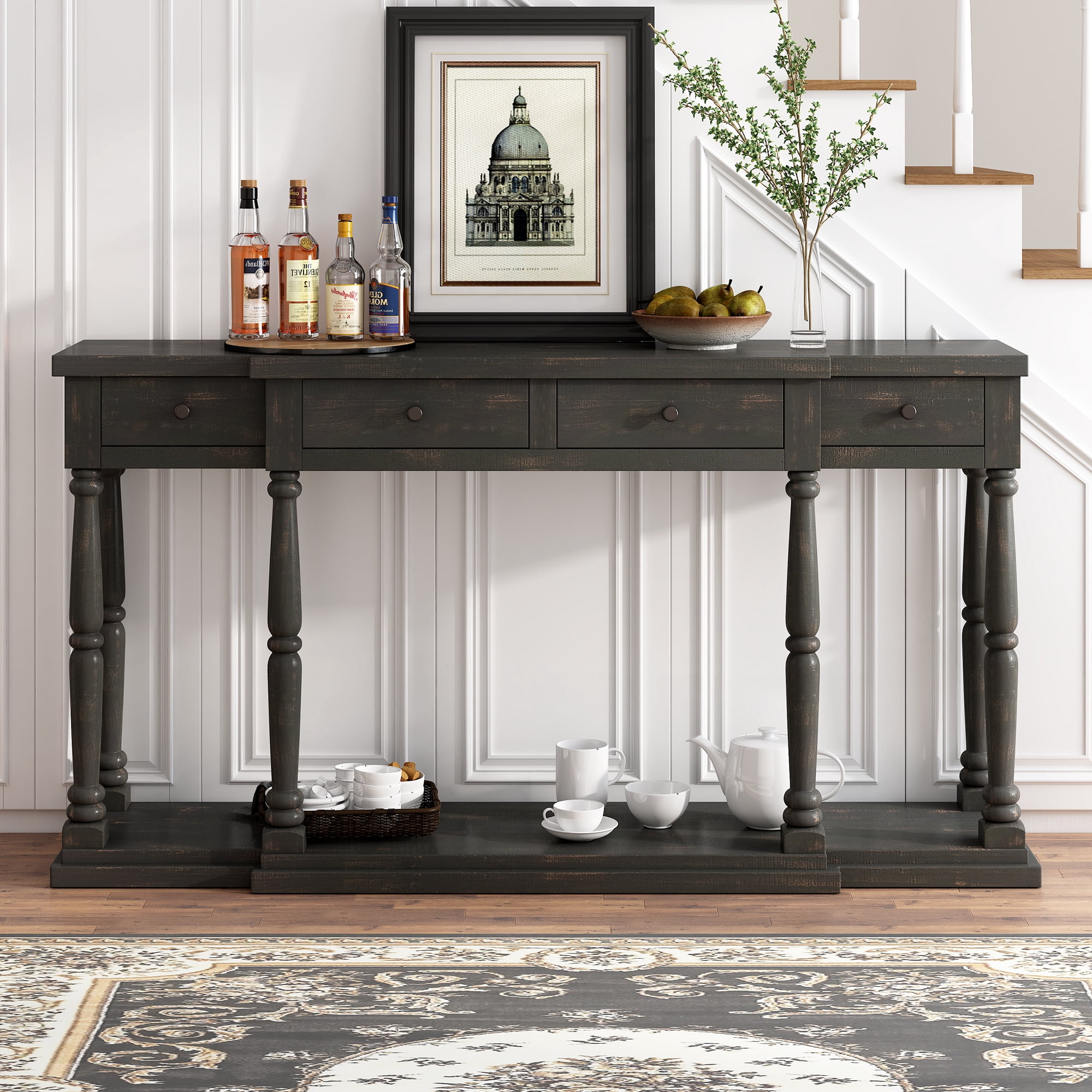 EUROCO 63" Longer  Console Table Sofa Table for Entryway with 4 Drawers and Storage Shelf for Living Room Hallway Foyer Office, Antique Black
