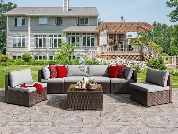 All-Weather 7 Piece Patio Furniture Set, Rattan Wicker Outdoor Conversation Sectional Sofa Set with Glass Table, Gray