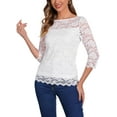 thumbnail image 4 of INSPIRE CHIC Women's Floral Lace Top 3/4 Sleeve Crew Neck Blouse XS White, 4 of 6