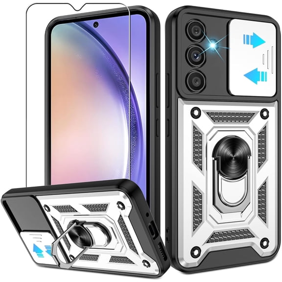 for Samsung Galaxy A54 5G Case with HD Screen Protector, Heavy Duty Shockproof with 360° Rotation Metal Kickstand [Military Grade] Protective Case for Samsung A54 5G, Silver