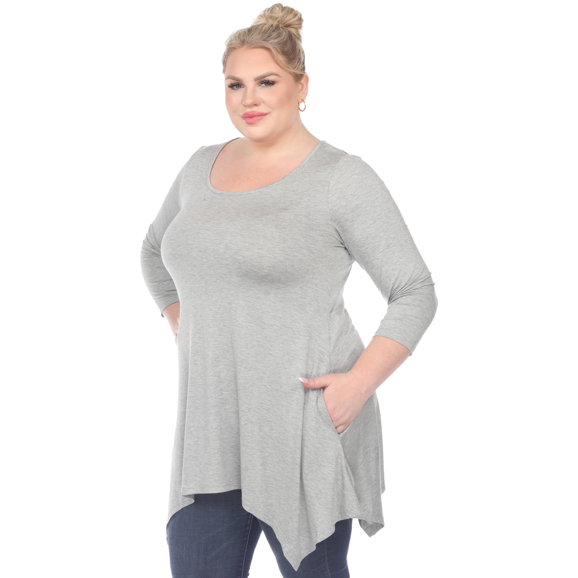White Mark Women's Plus Size Quarter Sleeve Solid Sharkbite Tunic Top