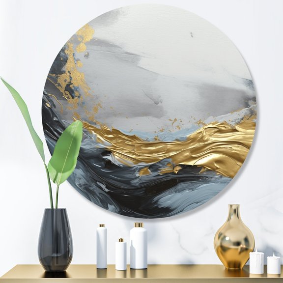 Designart "Contemplative Abstraction in Grey and Gold" Abstract Marble Metal Round Wall Art