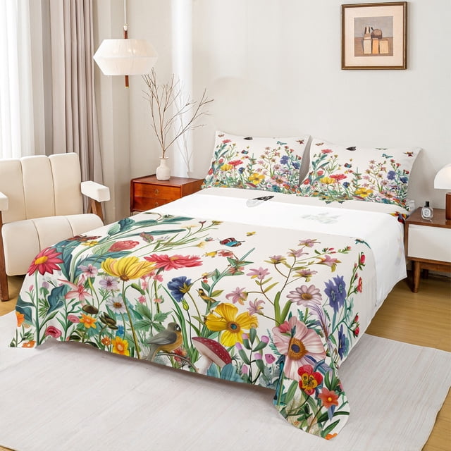 Erosebridal Multicolor Flowers Bed Sheets Twin,Hummingbird Butterfly Bedding Twin Size,Botanical Floral Sheet Set Twin,Lightweight Bedroom Decorative,3pcs
