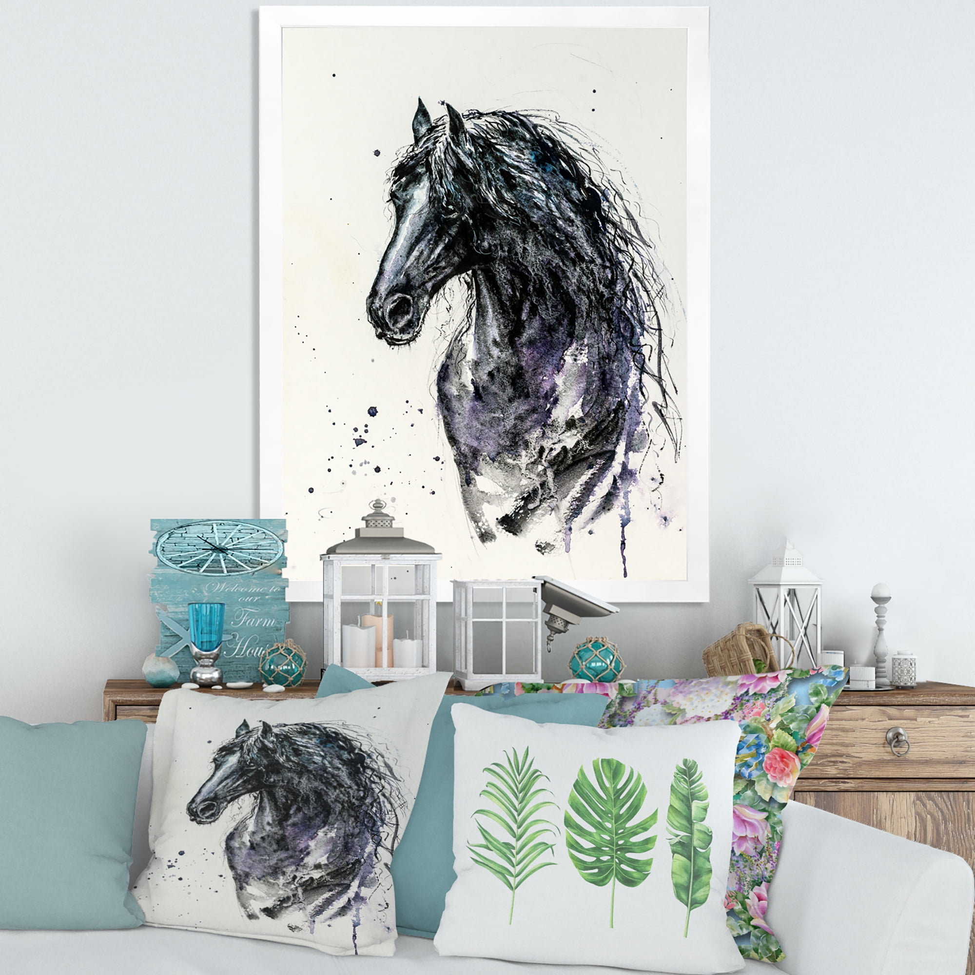 Designart 'Close Up of Friesian Horse With Long Manes' Farmhouse Framed Art Print
