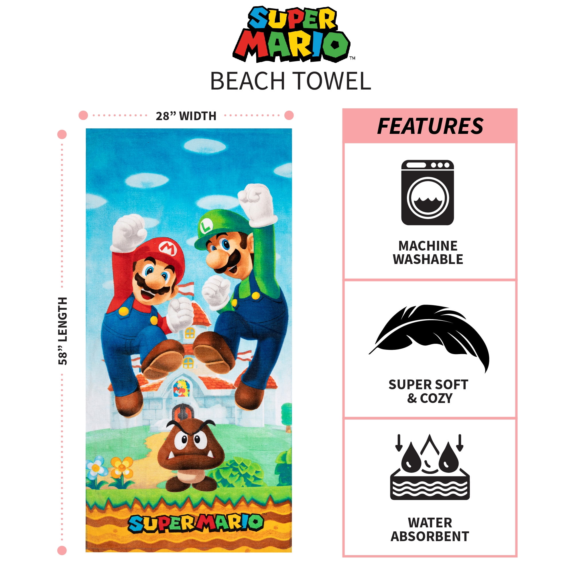 Super Mario & Luigi 28" x 58" Beach Towel Free Shipping Brand New 