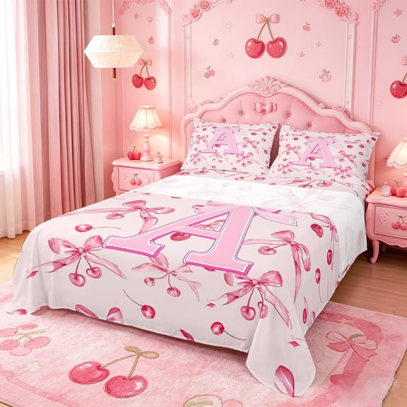 Manfei Pink Cherry Bow Full Size Sheets For Girls,Cartoon 3D Letter A Initial Bed Sheets For Kids,4 Pieces