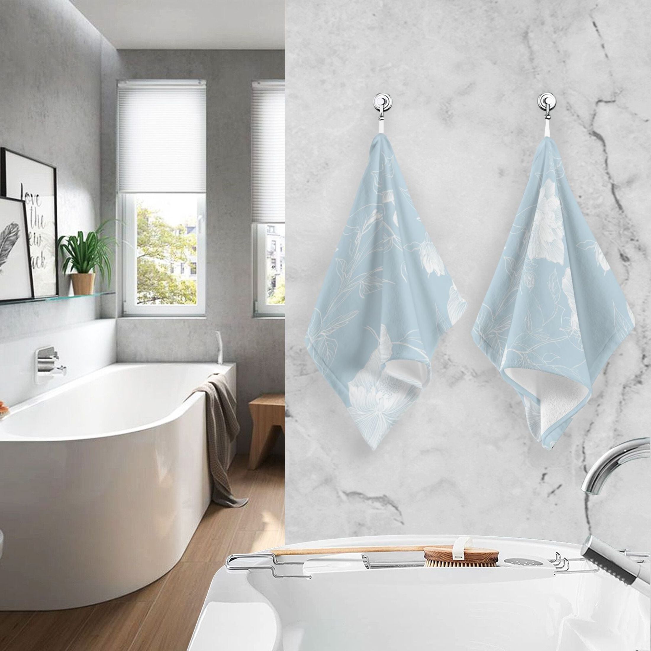 Cotton Towel Two-Piece 16x28 Inch One Sizex2 Face Towel Set Towel Set Cotton Hand Bath Towel Bathroom Beach Pretty Blue White Flowers