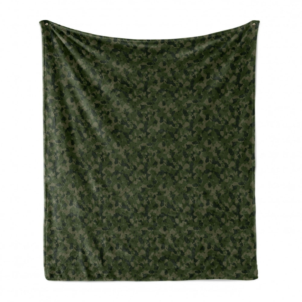 Camouflage Soft Flannel Fleece Throw Blanket, Simplistic Design Woodland Camo Pattern in Green