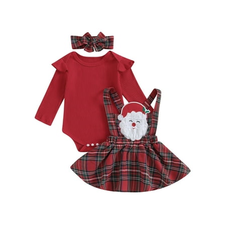 

MIPREWUY Baby Girls Christmas Outfit Long Sleeve Elk/Solid Romper with Plaid Suspender Dress and Headband