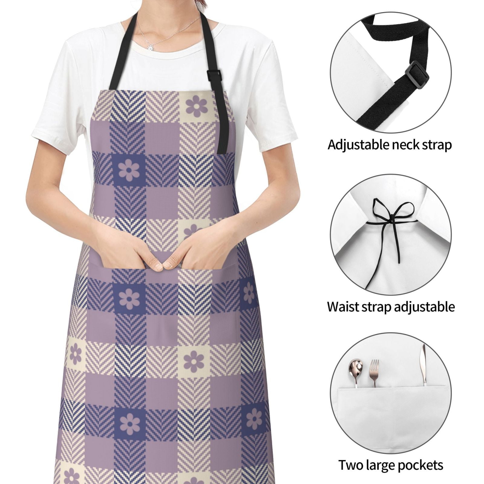 Kdxio Purple Floral Gingham Check Plaid Apron with Pockets Adjustable Kitchen Aprons for Men Women Waterproof Aprons for Cooking,Drawing,Crafting, Baking Household Cleaning