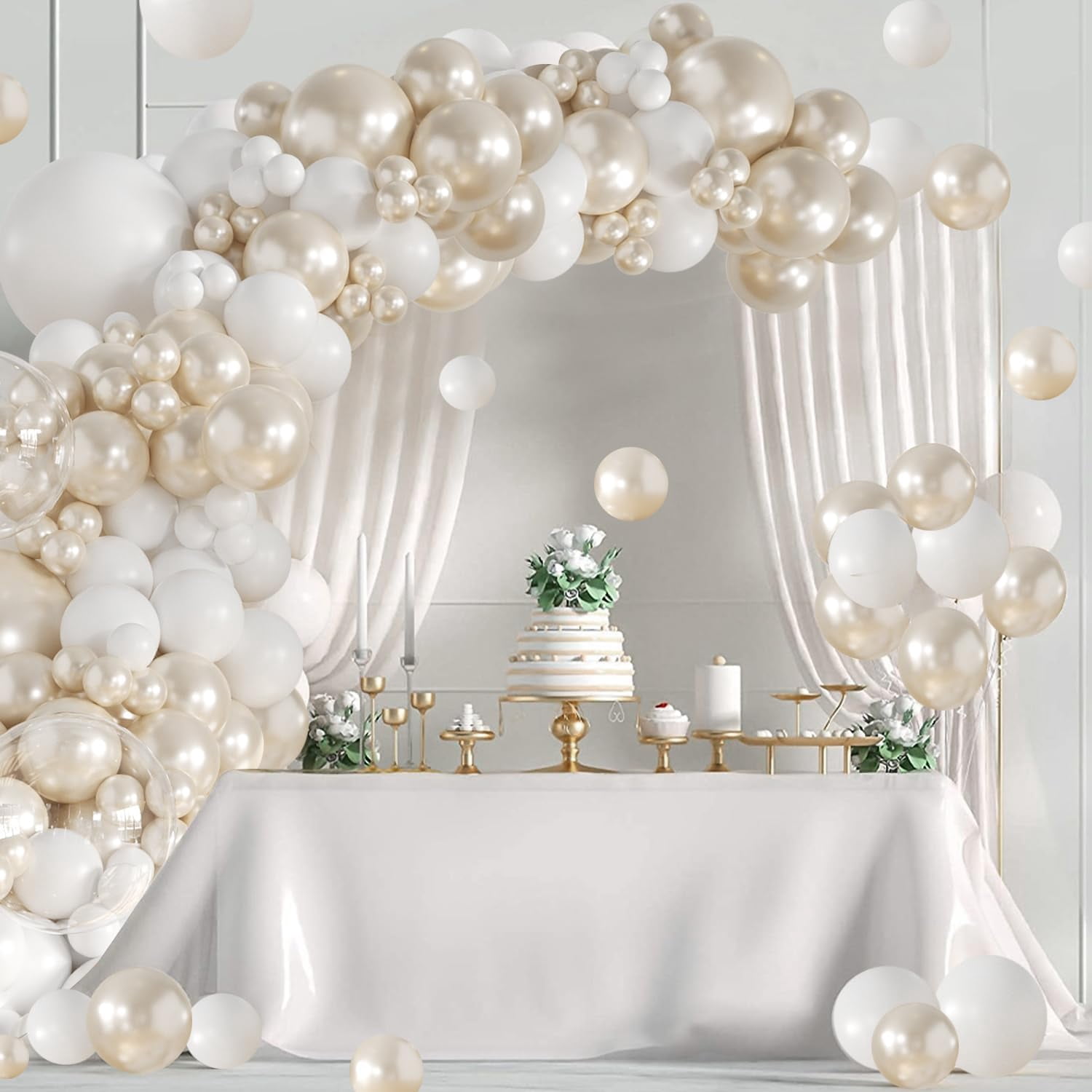Pearl White Balloon Arch Kit with Double Stuffed Pearl Balloons and Clear Balloons for Wedding Bridal Shower Engagement Party Decorations