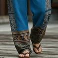 thumbnail image 4 of Tsivenald Linen Pants Men Baggy Harem Vacation Trousers Ethnic Printed Patchwork Breathable Loose Fit Mens Bohemian Beach Bottoms, 4 of 5