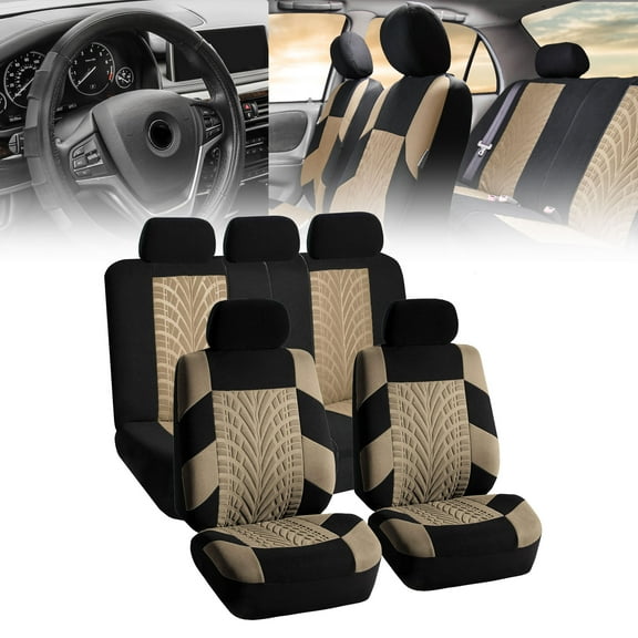 FH Group Beige Universal Auto Seat Covers Full Set for SUV Car w/ Front & Rear Floor Mats