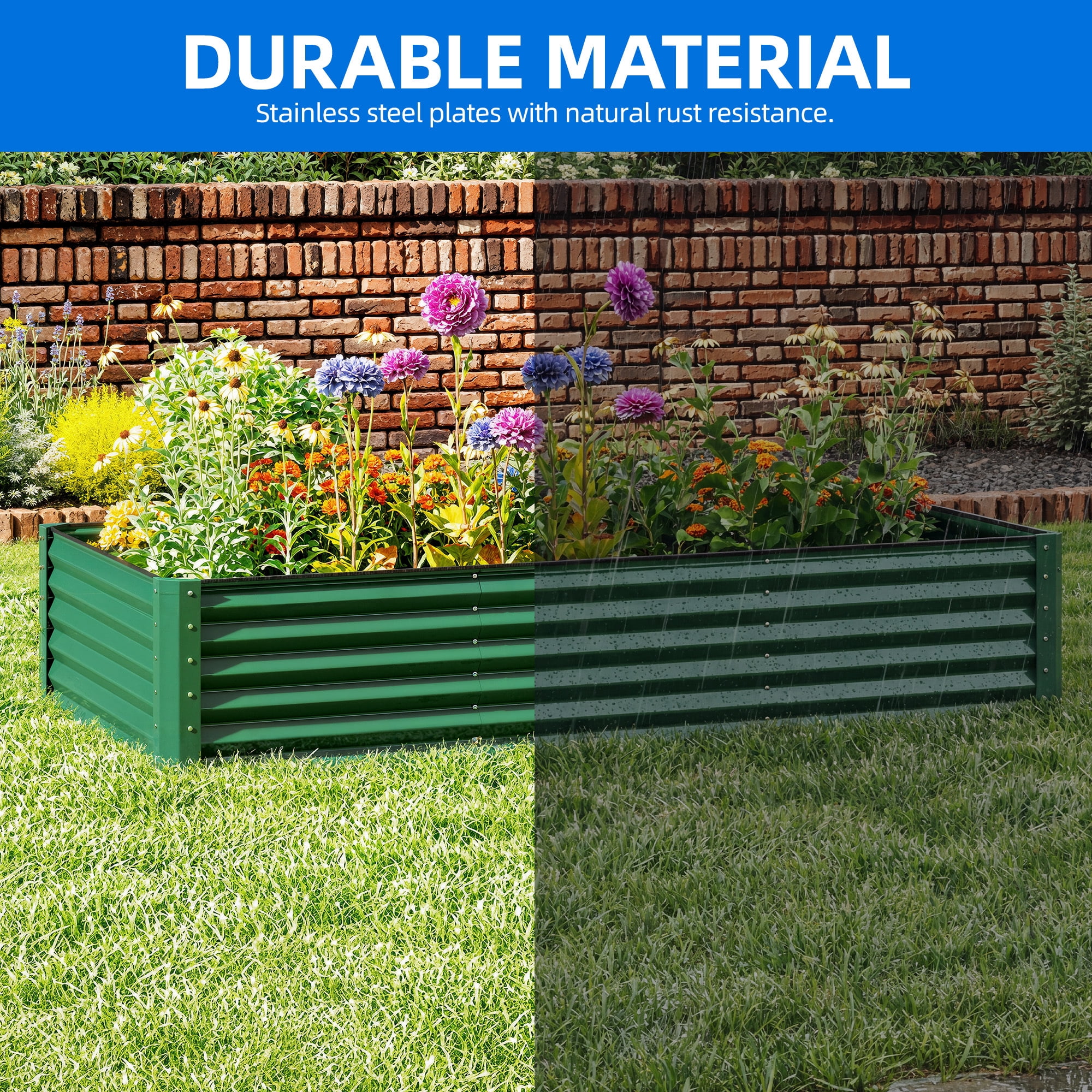 Uforic 8x4x1.5ft 1 Pack Galvanized Metal Raised Garden Bed Kit with Gloves, Safety Rubber and Support Rod, Green
