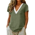 thumbnail image 2 of Cotton Linen Shirts for Women Summer Lace Trim V-Neck Tunic Tops Loose Fit Short Sleeve Tops Casual,Army Green,M, 2 of 8