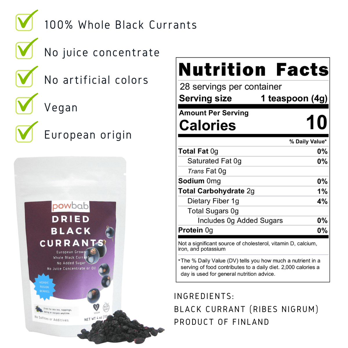 powbab Dried Black Currants - 100% Ribes Nigrum Berries, Unsweetened (4 oz)