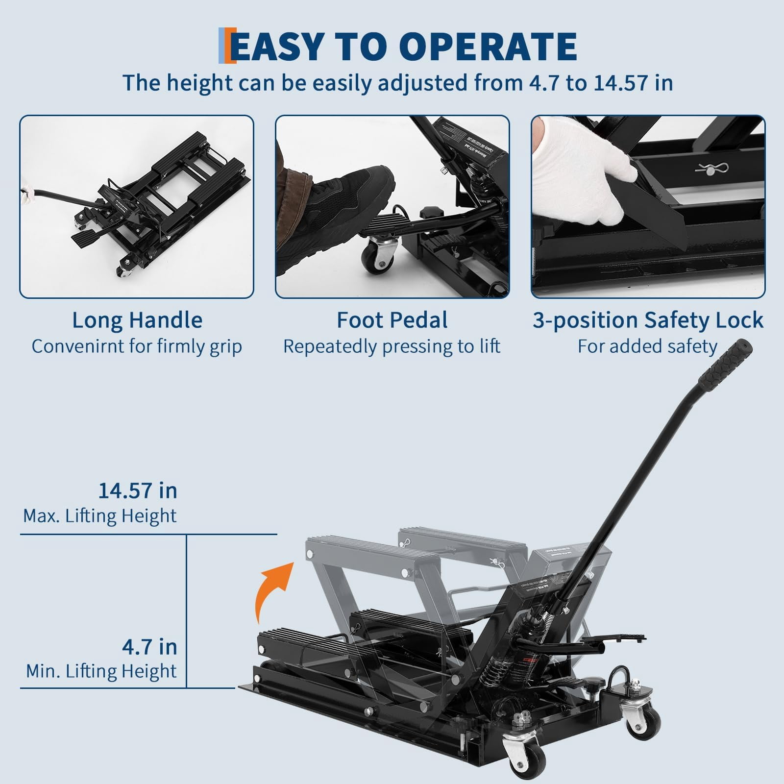 1500LBS Hydraulic ATV Motorcycle Scissor Lift Jack, Adjustable Height 4.7-14.57 Inch, Black Garage Lift Stand