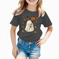 thumbnail image 2 of xaweyi Youth Girls Halloween Short Sleeve Crew Neck T-Shirt Single Ghost Pumpkin Border Print Holiday Top, 2 of 7