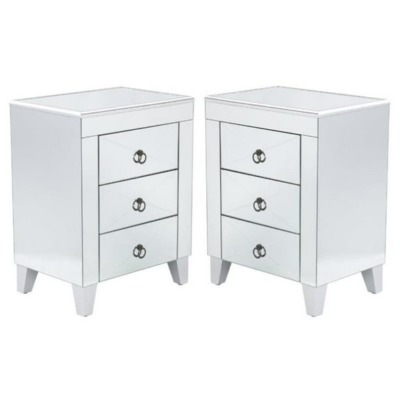 Home Square Wood Mirror End Table with Drawers in Silver - Set of 2