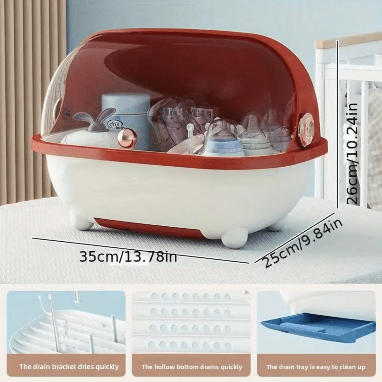 Soluxeo Baby Bottle Drying Rack Storage, Baby Bottle Organizer with Cover ＆ Removable Drain Tray, Dustproof Portable Kitchen Cabinet Organizer, Countertop Dryer