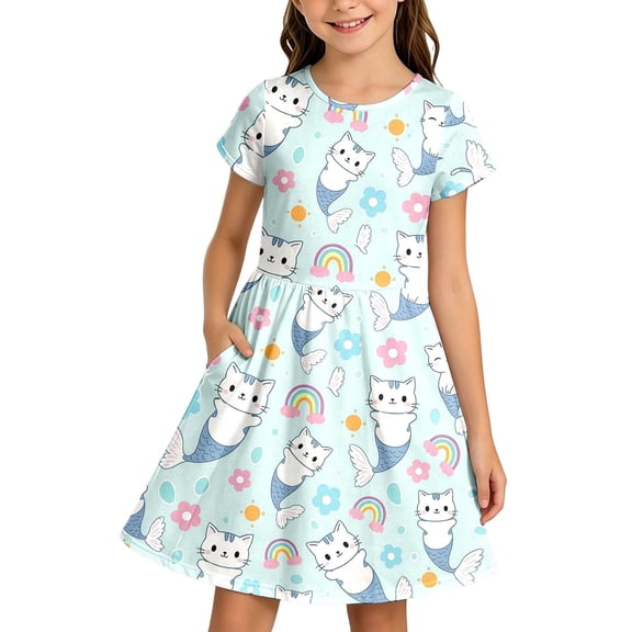 Glisme Kids Girls Dress Cartoon Cat Print Short Sleeve Crew Neck Summer Comfortable Toddler Girls Dresses Size 9-10 Years Light blue