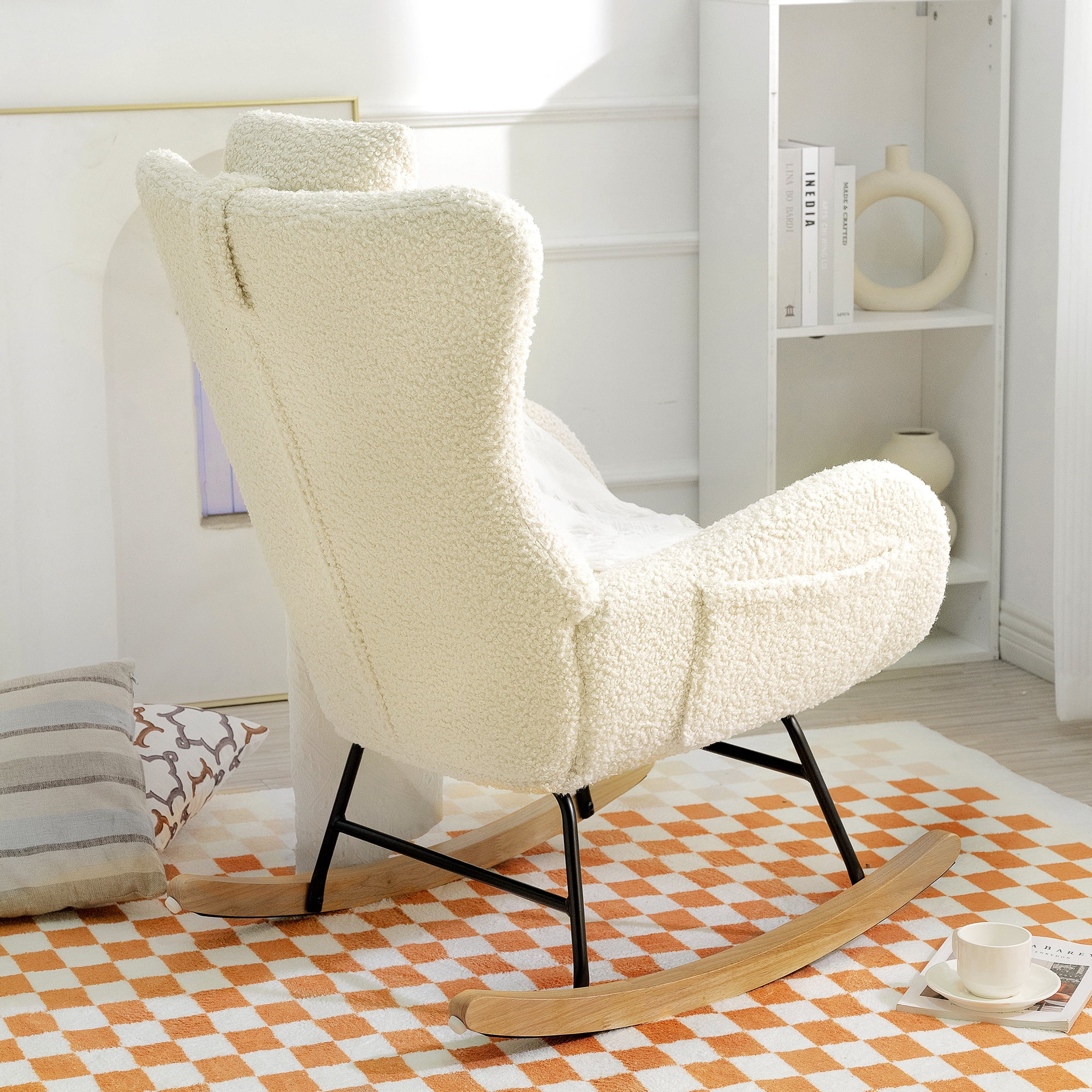 New Rocking Chair Nursery, Teddy Upholstered Rocker Glider Chair with High Backrest, Adjustable Headrest & Pocket, Comfy Glider Chair for Nursery, Bedroom, Living Room, Offices, Rubber wood, beige