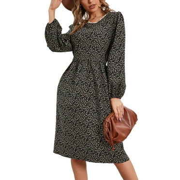 Duulaya Women Midi Dress Floral Print Crew Neck High Waist Long Sleeve Dress for Dating Home Office Black L