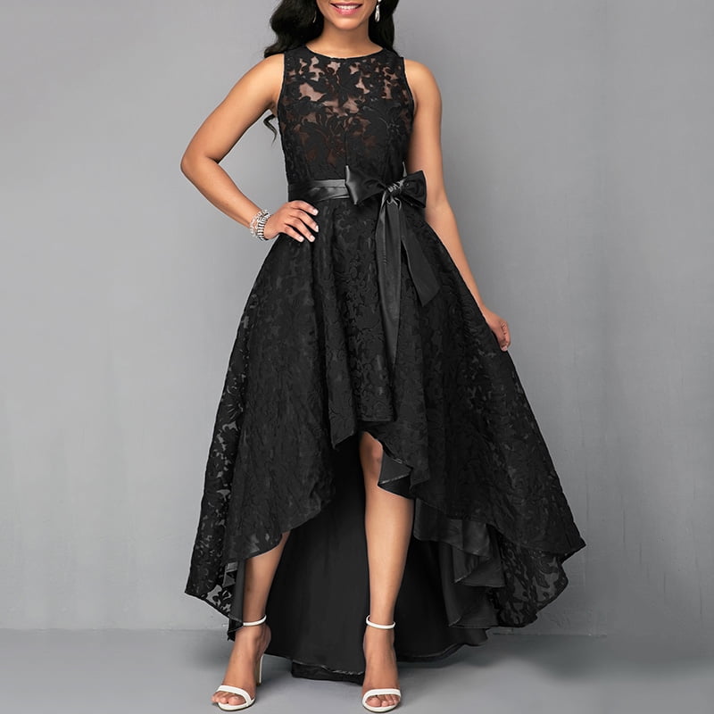high low belted sleeveless lace dress