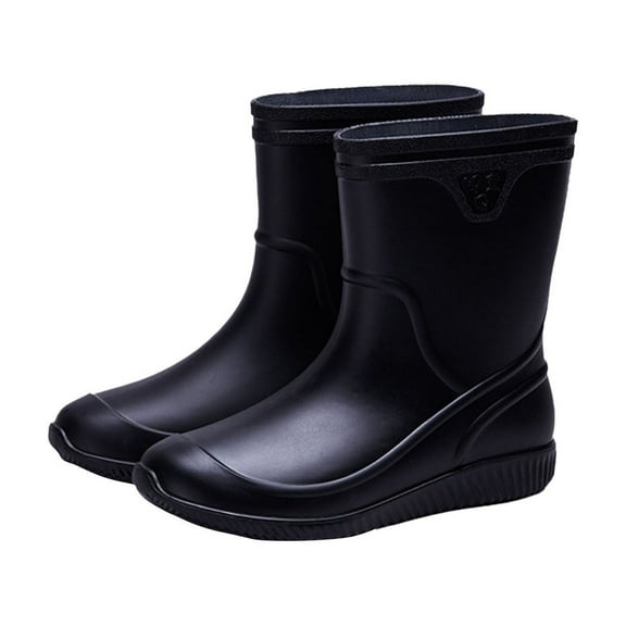 Xfvqtps Rain Boots for Mens Mid Calf Thick Sole Solid Color Simplicity Waterproof Non Slip Rubber Sole Outdoor Work Rain Shoes Black
