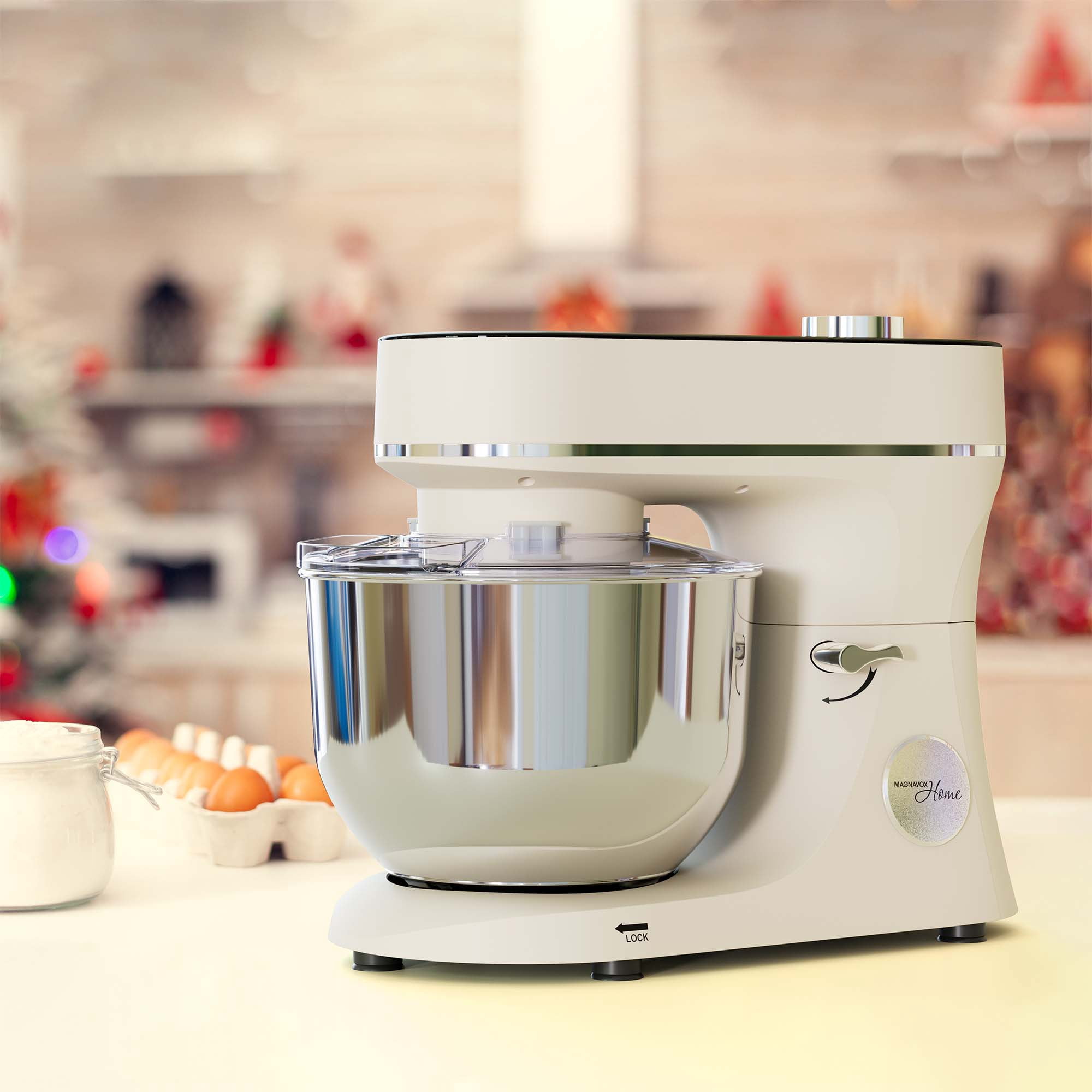 Magnavox 6.0L Digital Touch Screen Stand Mixer with Stainless Steel Bowl, 11-Speed, Tilt-Head, Planetary Mixing, 660W Motor, Dough Hook, Beater, Whisk, Bowl Cover, Cream