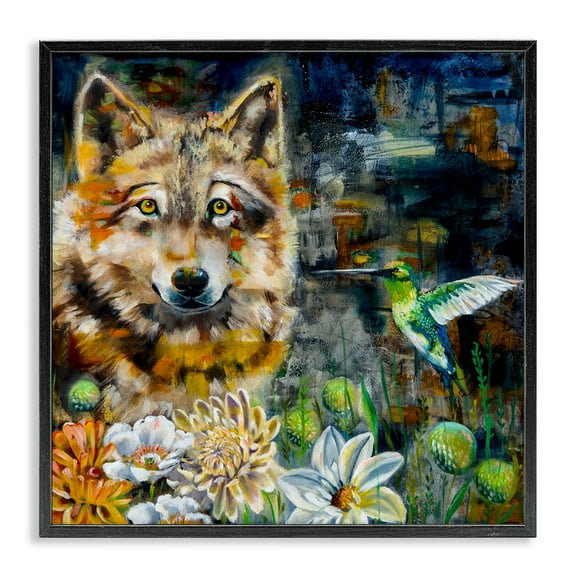 Stupell Industries Beautiful Wolf & Hummingbird Animals Painting Black Framed Art Print Wall Art, 12 x 12