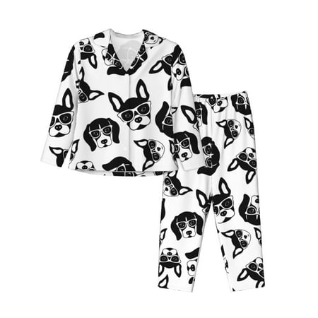 2 Piece Womens Pajama Sets - Cute Dog Puppy black Soft Sleepwear Comfy Pajamas Ladies Pj Lounge Sets with Pockets  Long Sleeve Button Shirt and Pajama Pants Pjs Sets for Women