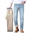 thumbnail image 1 of Pantalones vaqueros de hombre con forro polar, corte recto, elásticos, cálidos for el invierno, color azul claro, 1 of 7
