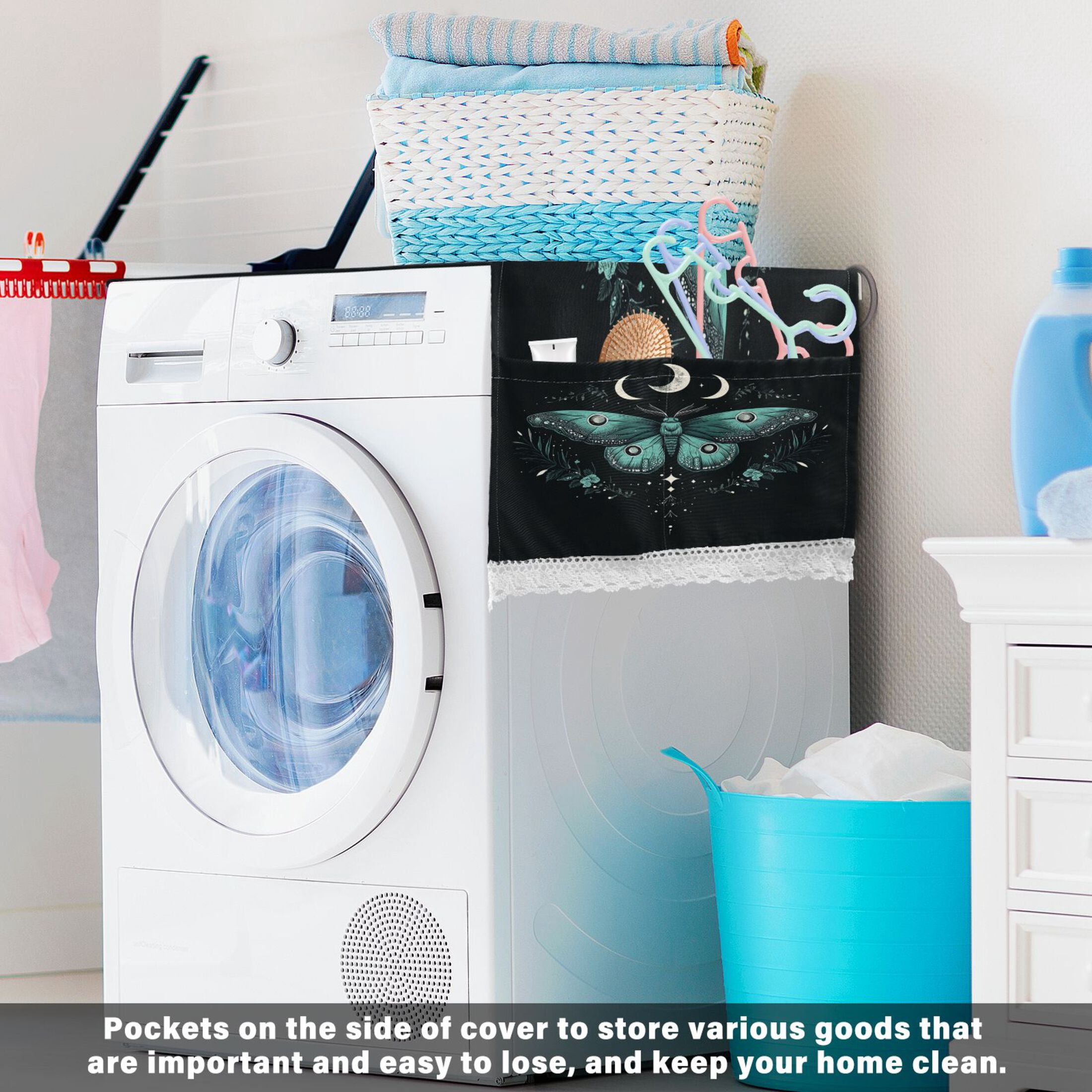 Washing Machine Cover 51.2x22in, Durable Polyester Dust Cover with Lace Trim and Side Pocket for Appliances Green Moth