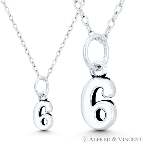 Number "6" Charm Numerical Charm Pendant & Chain Necklace in Oxidized .925 Sterling Silver