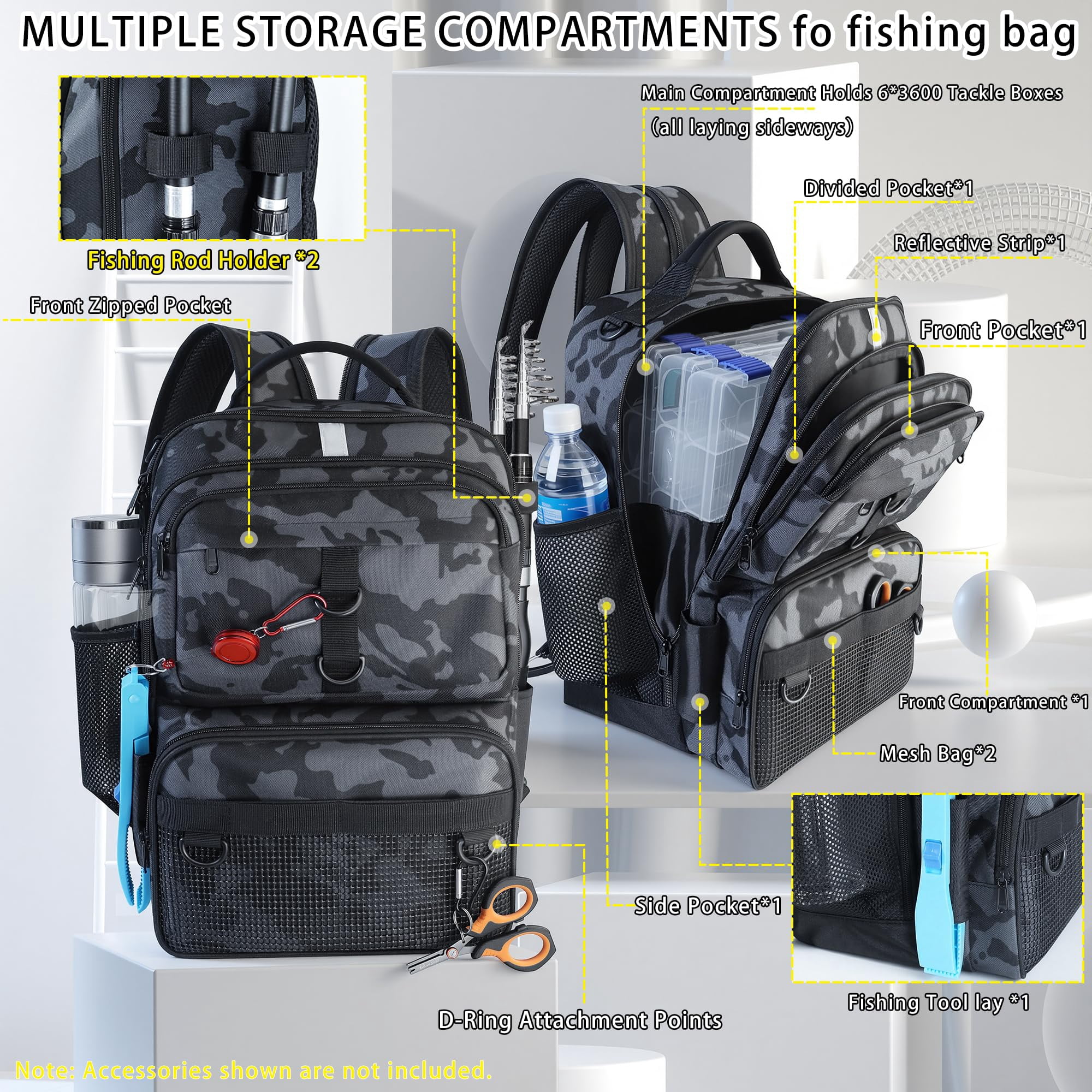 Fishing Backpack With Tackle Boxes And Rod Holder  24l Sling Bag Lures Kit Gear Gifts For Men Women - Camo